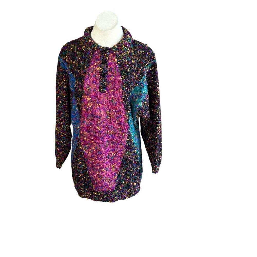 Vintage 90s Confetti Colorblock Baggy Henley Sweater Size M